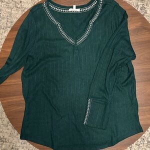 Maurices Dark Green Long Sleeve Top with Embroidery